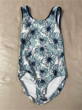 K-Bee Girls Blue White Floral Gymnastics Leotard